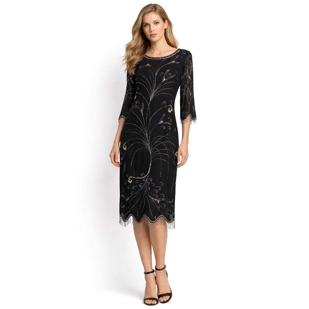 1990s Argent Matte Silk Beaded Cocktail Dress Black Size 8